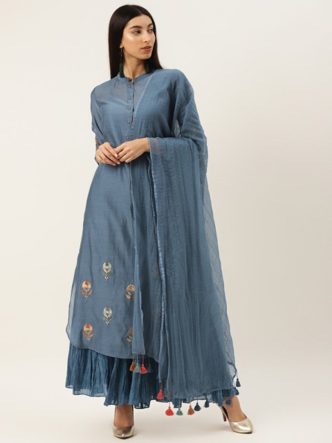 

Ritu Kumar Women Blue Solid Kurta with Sharara & Dupatta