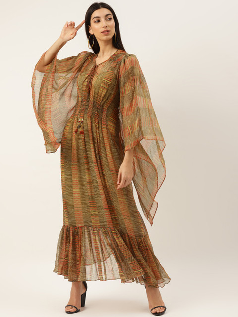 

Ritu Kumar Women Mustard Brown & Orange Striped Flared Sleeves Maxi Dress, Beige