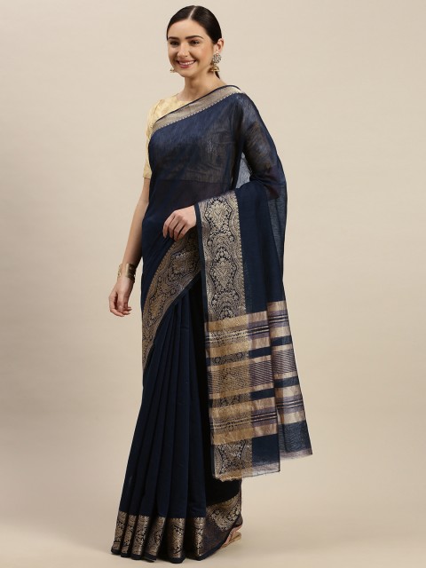 

Blissta Navy Blue & Golden Linen Blend Solid Saree