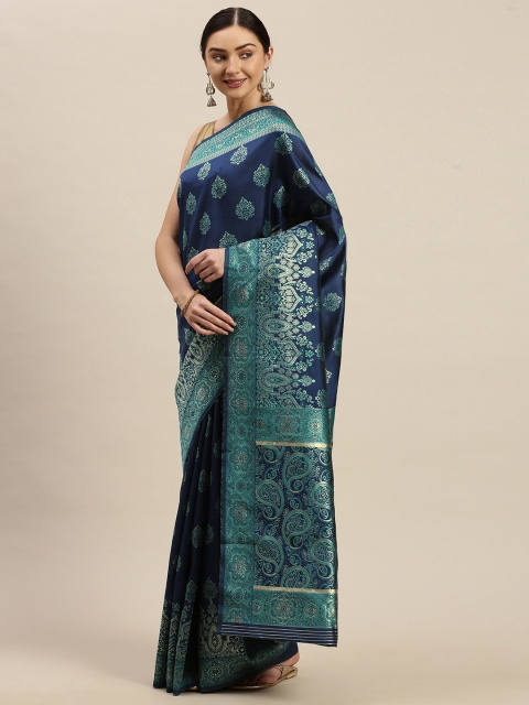 

Mitera Navy Blue & Teal Green Silk Blend Woven Design Banarasi Saree