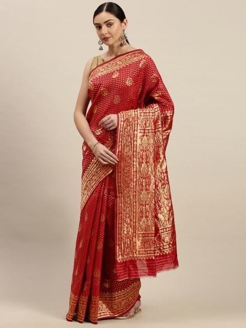 

Blissta Red & Golden Silk Blend Woven Design Banarasi Saree