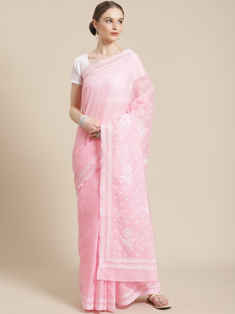 

ADA Pink & White Chikankari Embroidered Handloom Saree