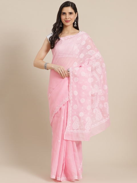 

ADA Pink & White Chikankari Embroidered Handloom Handloom Saree