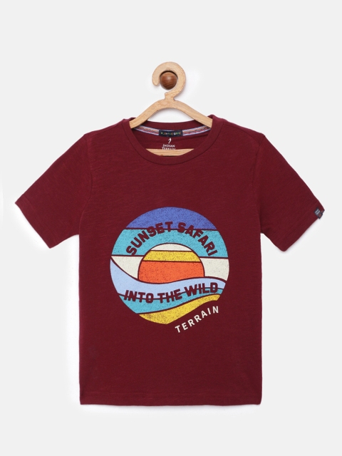 

Indian Terrain Boys Maroon Printed Pure Cotton Round Neck T-shirt