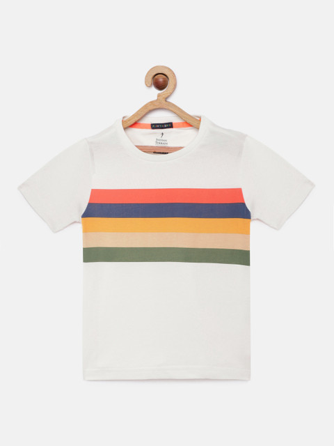 

Indian Terrain Boys Off-White Striped Pure Cotton Round Neck T-shirt