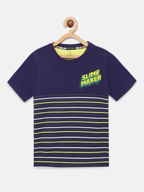 

Indian Terrain Boys Navy Blue Striped Pure Cotton Round Neck T-shirt