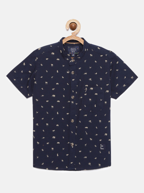 

Indian Terrain Boys Navy Blue & Beige Regular Fit Printed Pure Cotton Casual Shirt