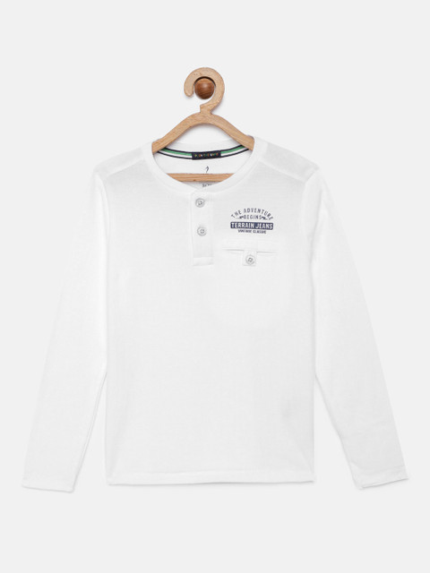 

Indian Terrain Boys White Solid Pure Cotton Henley Neck T-shirt
