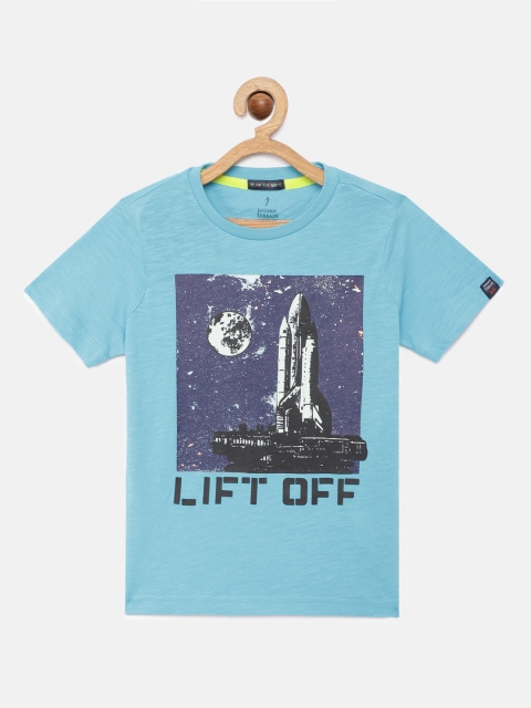 

Indian Terrain Boys Blue Printed Round Neck Pure Cotton T-shirt