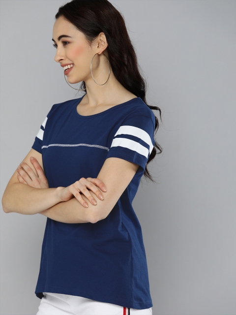 

HERENOW Women Blue Solid Round Neck Pure Cotton T-shirt with Thread Work