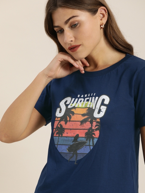 

Moda Rapido Women Navy Blue Printed Round Neck Pure Cotton T-shirt