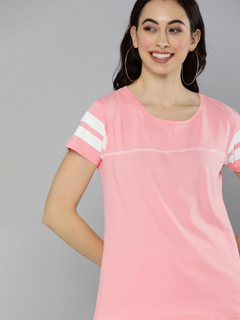 

HERENOW Women Pink Solid Panelled Round Neck Pure Cotton T-shirt with Sleeve Stripes