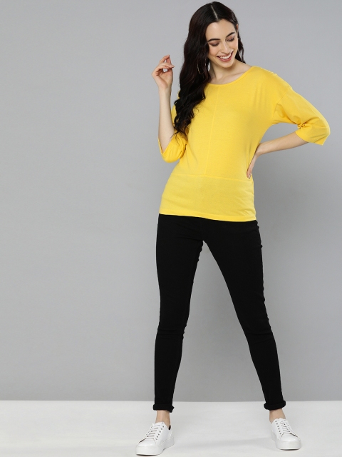 

HERENOW Women Yellow Solid Panelled Round Neck Pure Cotton T-shirt