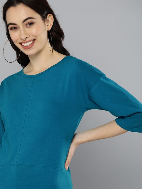 

HERENOW Women Teal Blue Solid Round Neck Pure Cotton T-shirt