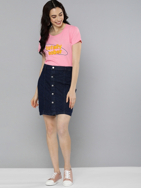 

HERENOW Women Pink Printed Round Neck Pure Cotton T-shirt