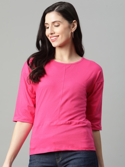 

HERE&NOW Women Pink Pure Cotton Solid Drop-Shoulder Sleeves T-shirt