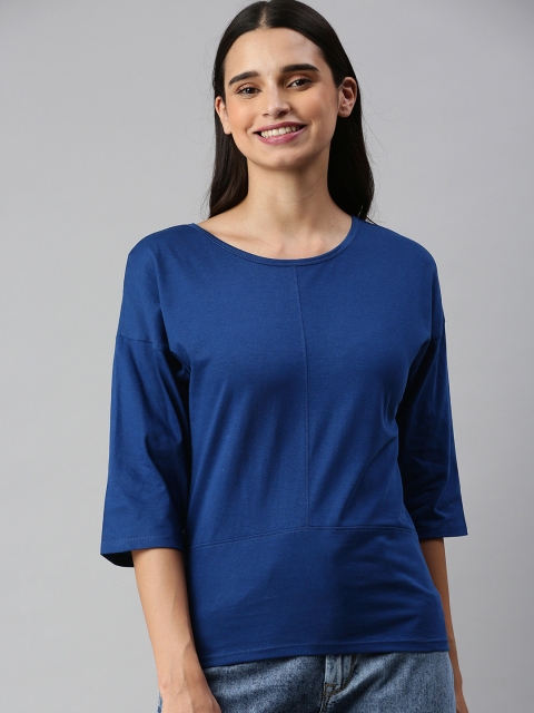 

HERENOW Women Blue Solid Drop-Shoulder Sleeves Pure Cotton T-shirt