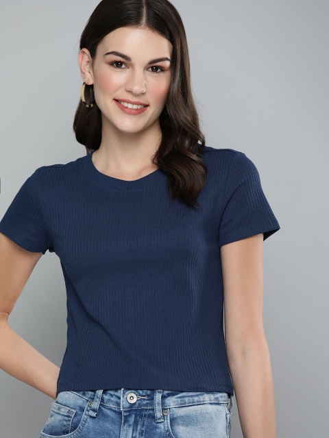 

HERE&NOW Women Navy Blue Solid Pure Cotton Regular Top