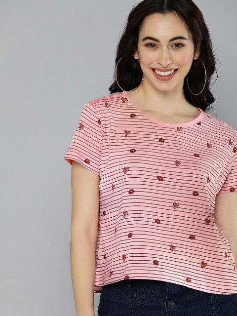 

HERE&NOW Women Pink & Black Striped Round Neck T-shirt