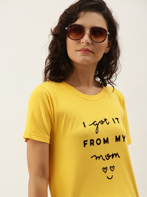 

Moda Rapido Women Yellow Black Typography Printed Pure Cotton T-shirt