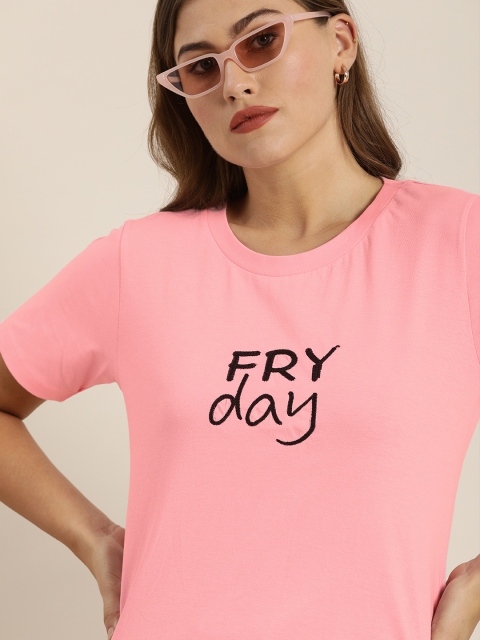 

Moda Rapido Women Pink Printed Round Neck Pure Cotton T-shirt