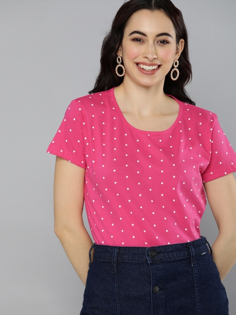 

HERENOW Women Pink White Polka Dots Printed Round Neck Pure Cotton T-shirt