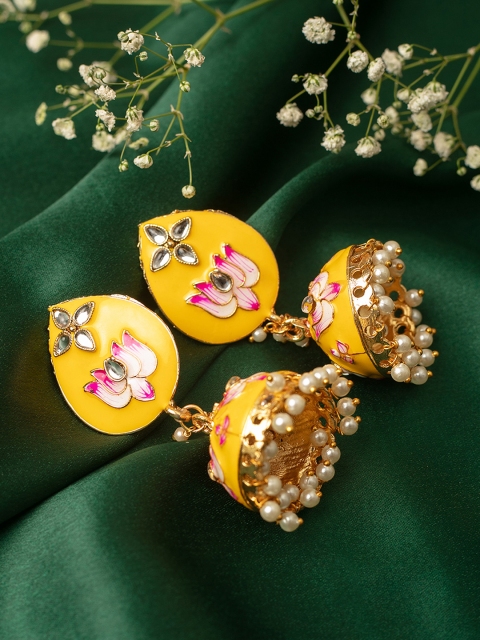 

Zaveri Pearls Gold-Plated Yellow Dome Shaped Jhumkas