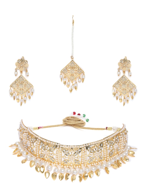 

Zaveri Pearls Gold-Plated Austrian Diamonds Ethnic Necklace, Earring & Maangtikka Set
