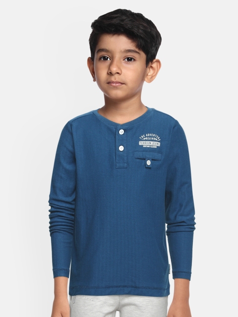 

Indian Terrain Boys Blue Self Striped Pure Cotton Henley Neck Pure Cotton T-shirt