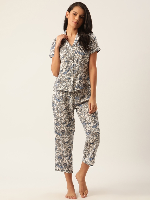 

ETC Women White & Blue Paisley Printed Night Suit