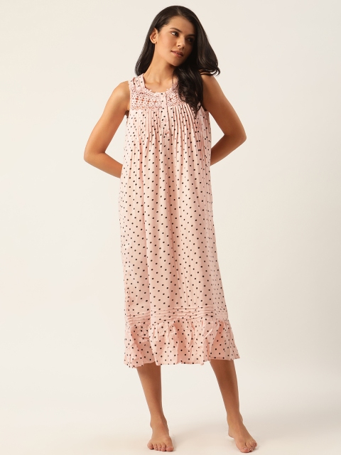 

ETC Peach-Coloured & Black Polka Dot Printed Nightdress
