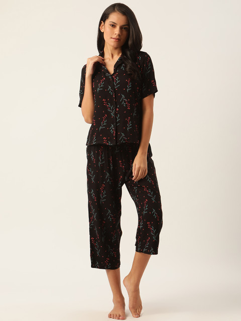 

ETC Women Black & Green Floral Printed Night Suit
