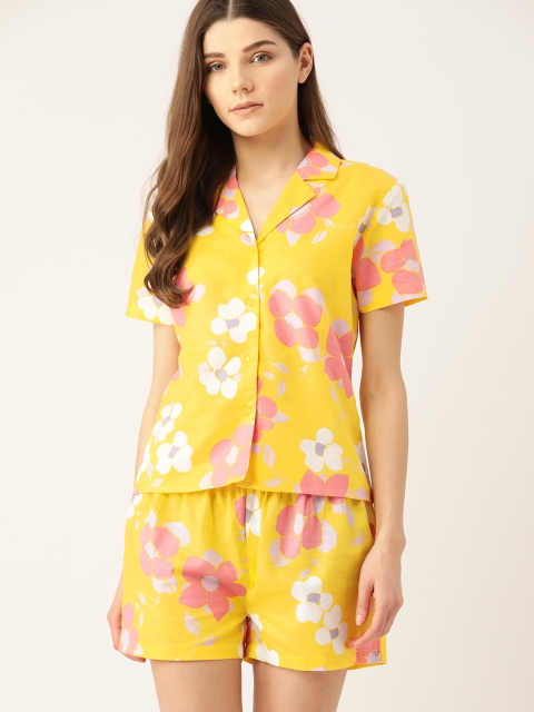 

ETC Women Yellow & Pink Floral Printed Pure Cotton Night Suit