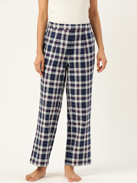 

ETC Women Navy Blue & White Checked Pure Cotton Lounge Pants