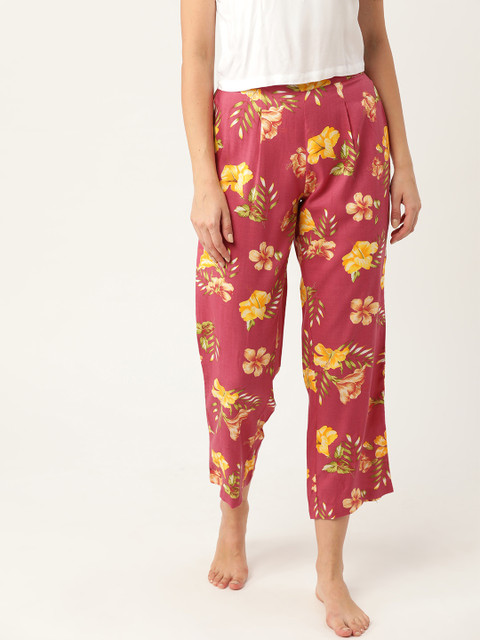 

ETC Women Coral Pink & Yellow Floral Printed Crop Lounge Pants