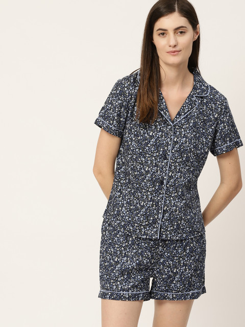 

ETC Women Navy Blue & Off-White Floral Print Night Suit