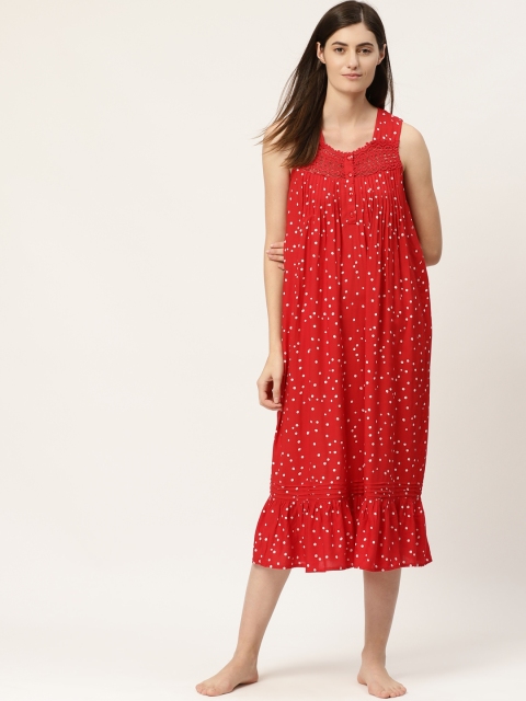 

ETC Red & White Pintucks Polka Dot Printed Nightdress