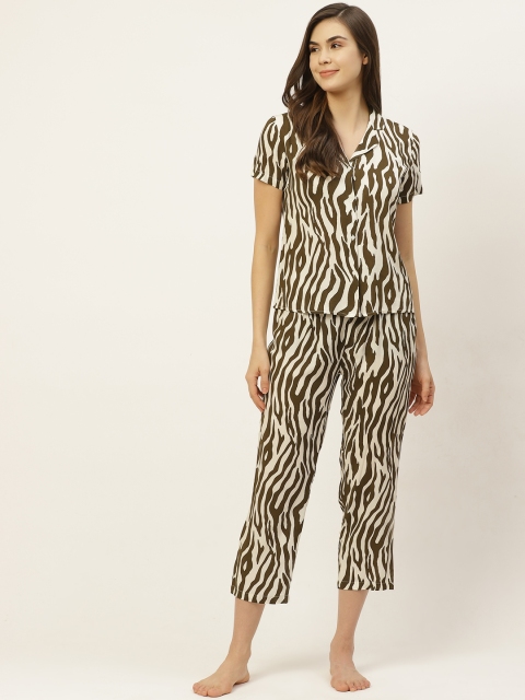 

ETC Women Olive Green & White Animal Print Night suit