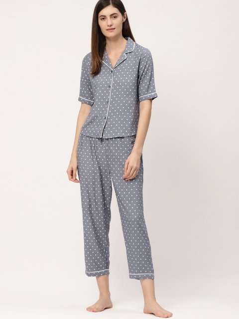 

ETC Women Grey & White Polka Dot Printed Night Suit