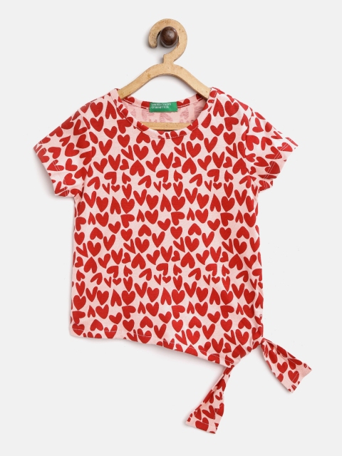 

United Colors of Benetton Girls Pink & Red Pure Cotton Heart Print Tie-Up Detail Top