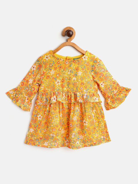 

United Colors of Benetton Girls Yellow & Orange Floral Print A-Line Dress