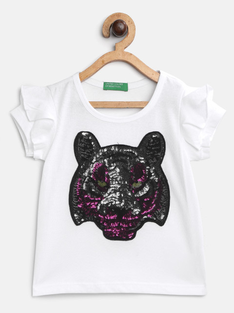 

United Colors of Benetton Girls White & Black Cotton Tiger Sequinned Flutter Sleeves Top