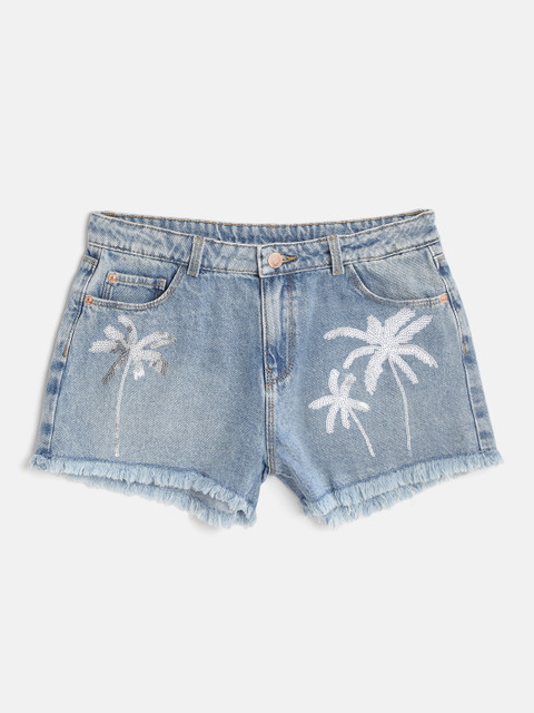 

Marks & Spencer Girls Blue Tropical Sequinned Regular Fit Denim Shorts