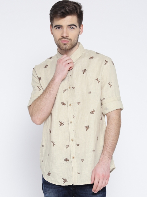

Jack & Jones Beige Linen Printed Slim Casual Shirt