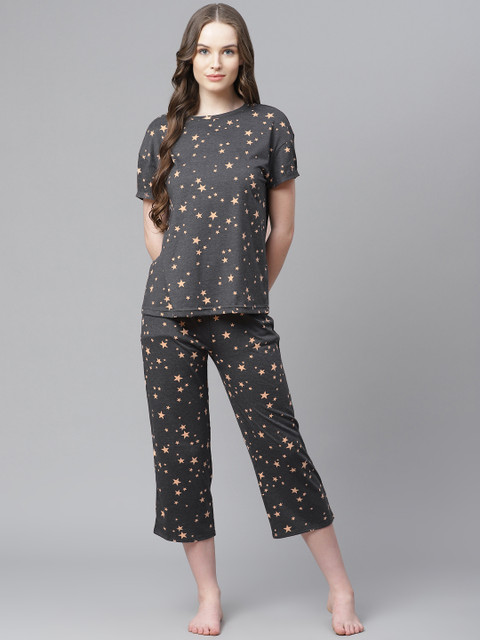 

Marks & Spencer Women Charcoal Grey & Peach-Coloured Printed Night suit