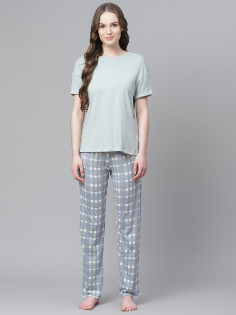 

Marks & Spencer Women Green & Blue Pure Cotton Checked Night suit