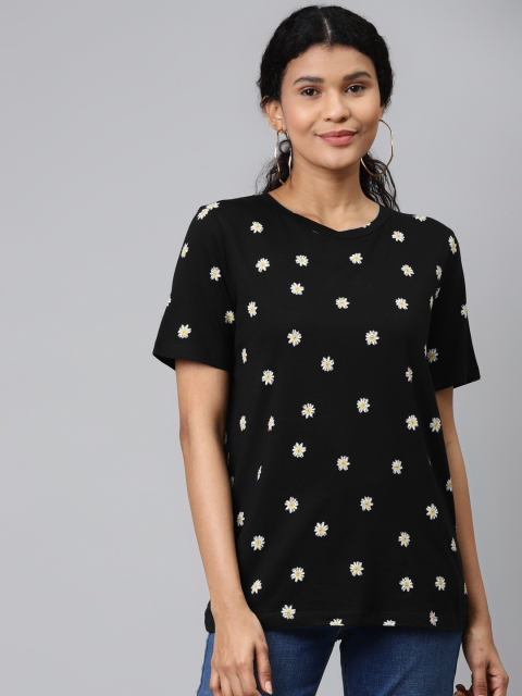 

Marks & Spencer Women Black & White Floral Print Cotton Round Neck T-shirt