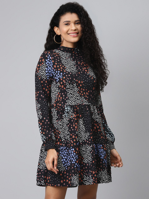 

Marks & Spencer Women Black & Blue Floral Printed A-Line Dress With Puff Sleeves