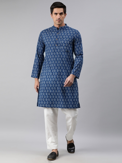 

Janasya Men Blue & White Ethnic Motifs Printed Kurta