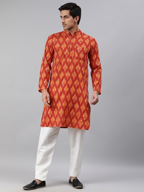 

Janasya Men Orange Ethnic Motif Ikat Print Kantha Work Cotton Kurta